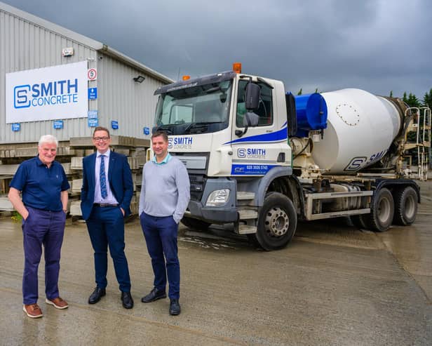 Newry concrete maker, Smith Concrete, including its substantial site and production facility, has been put up for sale as a going concern with an asking price of over £1.5million. Pictured are managing director of Smith Concrete Jim Smith, a managing director of Bradley NI Smith Concrete, and director of Smith Concrete Niall Smith