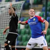 Linfield's Kyle McClean celebrates his goal against Ballymena United in the Sports Direct Premiership. (Photo by David Maginnis/Pacemaker Press)