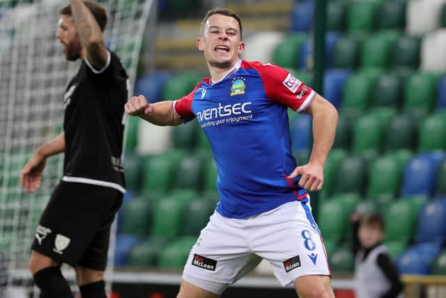 Linfield's Kyle McClean celebrates his goal against Ballymena United in the Sports Direct Premiership. (Photo by David Maginnis/Pacemaker Press)