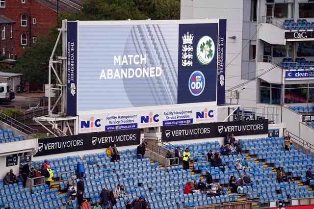 'Match abandoned' displayed on the big screen after rain wipes out the first ODI between England and Ireland at Headingley