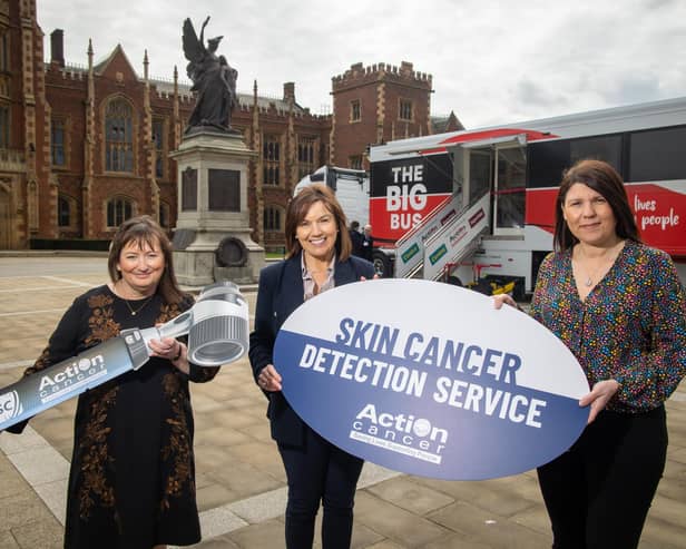 Iona McCormack (Senior Skin Cancer Specialist Nurse, Action Cancer), Sharon Gallagher (Deputy Secretary, SPPG, Department of Health) and Carol Marshall (Recent Service User of the new skin cancer detection service).