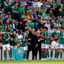 Northern Ireland manager Michael O'Neill speaks with his players during a water break in the UEFA Euro 2024 qualifying campaign at the National Football Stadium at Windsor Park, Belfast. (Photo by Liam McBurney/PA Wire)