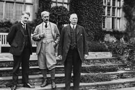 May 1924:  Prime Minister of the Irish Free State William Cosgrave (1880 - 1965) meeting with British Prime Minister Ramsay Macdonald (1866 - 1937) and the first Prime Minister of Northern Ireland James Craig (1871 - 1937), at Chequers.  (Photo by Firmin/Topical Press Agency/Getty Images)