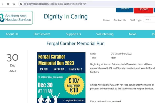 The Southern Area Hospice Services website has featured a fundraising event in memory of an IRA man - Fergal Caraher - who was killed by the Army.