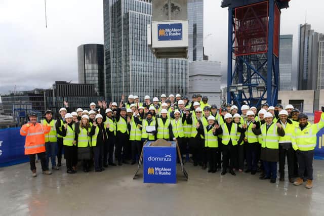 Cookstown design and build contractor McAleer & Rushe and real estate developer, owner and operator Dominus has reached a significant construction milestone with the topping out of a landmark scheme in the City of London. Credit McAleer & Rushe