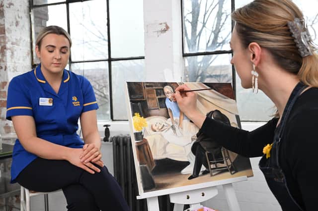 Marie Curie Registered Nurse Rebecca Jennings from Belfast being painted by artist Lisa Buchanan in the  painting ‘The Death of Gericault’ artwork originally painted by Ary Scheffer.  The piece is part of The Daffodil Collection, commissioned by the UK’s leading end of life charity Marie Curie.Four famous paintings have been reimagined to show individuals receiving compassionate support from Marie Curie Nurses and Healthcare Assistants to highlight the crucial role of end of life care.
