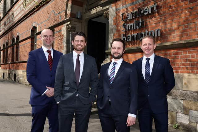 Lambert Smith Hampton has grown its team in the Belfast office with six new hires and four promotions in its Belfast Office, including two senior promotions, to support the ongoing demand for the commercial property firm’s services. Pictured are Niki Alderdice, head of building surveying, Tom Donnan, director,  Jonathan Tate, associate director and Phillip Smyth, head of agency