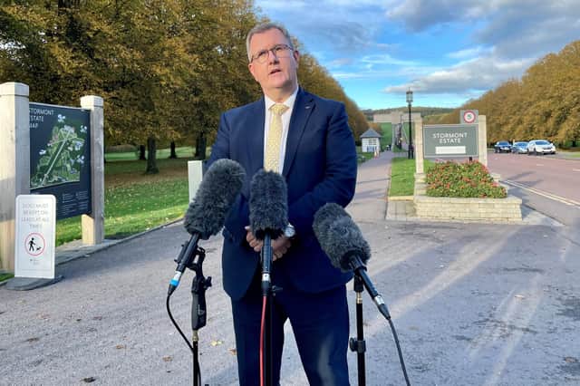 Sir Jeffrey Donaldson MP, leader of the DUP speaks to the media in the grounds of Stormont, Belfast.