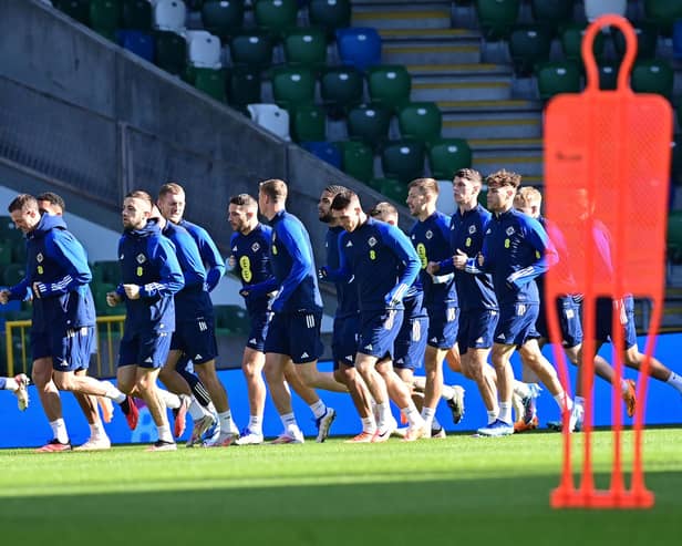 Northern Ireland during training at The National Stadium at Windsor Park ahead of the Euro 2024 qualifier against San Marino. (Photo by Colm Lenaghan/Pacemaker)