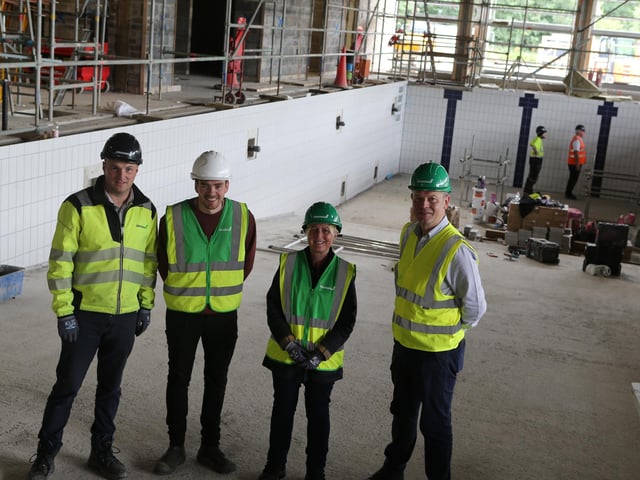 Alan McCullough, project manager at Graham, councillor Dawn Huggins, Mayor of Causeway Coast and Glens, Jake Mailey, Capital Projects Officer at Causeway Coast and Glens Borough Council and Brian Tohill, general manager (Sport & Wellbeing), during a visit to the new Ballycastle Leisure Centre