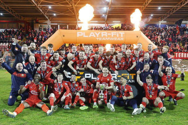 Portadown celebrate lifting the Championship trophy