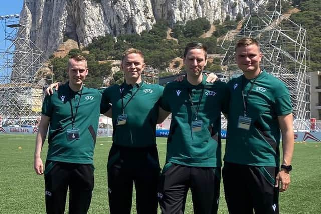 Helgi Mikael Jónasson and his officiating team while in Gibraltar