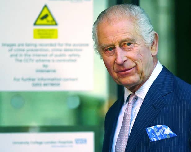 King Charles III, patron of Cancer Research UK and Macmillan Cancer Support, arrives for a visit to University College Hospital Macmillan Cancer Centre, London, to raise awareness of the importance of early diagnosis and highlight some of the innovative research which is taking place at the centre. Photo: Victoria Jones/PA Wire