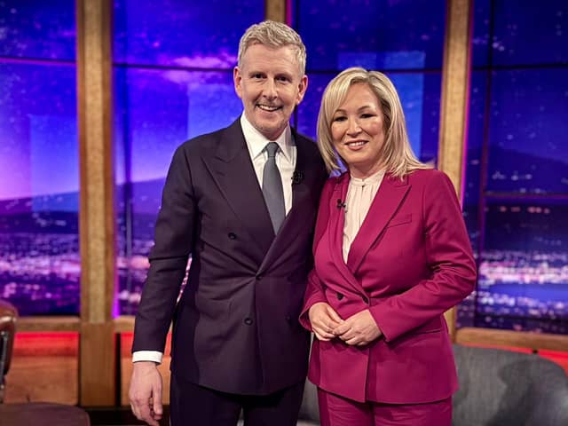 Northern Ireland First Minister Michelle O’Neill with Late, Late Show host Patrick Kielty after appearing on the RTE show on Friday, February 16, 2024. The Sinn Fein politician said she had an open mind about accepting any invitations to attend events from the unionist community as First Minister