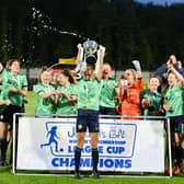 Sion Swifts Ladies celebrate in 2022 as winners of the Premiership League Cup. (Photo by Andrew McCarroll/Pacemaker Press)