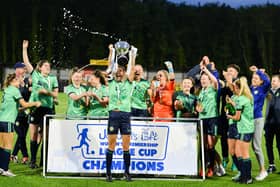 Sion Swifts Ladies celebrate in 2022 as winners of the Premiership League Cup. (Photo by Andrew McCarroll/Pacemaker Press)