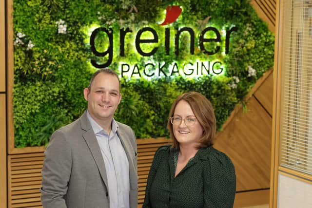 Dungannon-based Greiner Packaging UK & Ireland is the first packaging manufacturer in Northern Ireland to gain the Sustainably Sourced Plastics (SSP) certification, and the first Greiner Packaging factory in the world to be awarded Forest Stewardship Council (FSC) Chain of Custody certification. GPUK general manager Paul Millar with quality systems lead Kathy Reid
