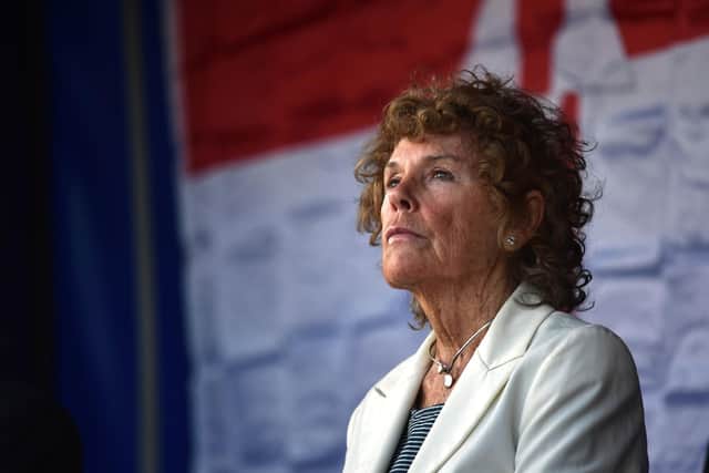 Baroness Kate Hoey attends an anti-Northern Ireland Protocol protest rally in Newtownards