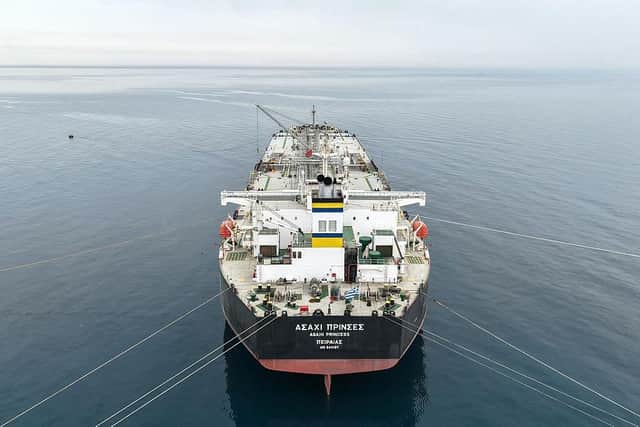 An aerial photograph shows the Greek-flagged crude oil tanker 'Asahi Princess' off the coast of the Syrian Baniyas port refinery along the Mediterranean Sea on April 15, as the Strait of Hormuz remains essentially impassable - pushing up fuel prices worldwide (photo by Bakr ALkasem / AFP via Getty Images)