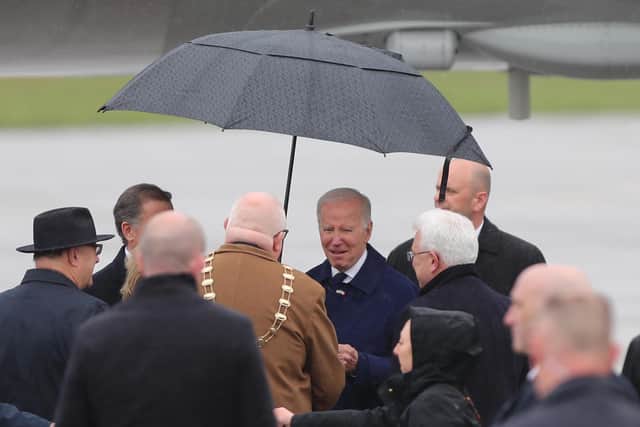 US President Joe Biden (centre) arrives at Dublin Airport during his trip to the island of Ireland. Picture date: Wednesday April 12, 2023.Photo credit: Damien Storan/PA Wire