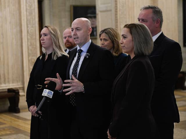 UUP Leader Jon Burrows speaking to the media in the Great Hall at Parliament Buildings, Stormont. Pic: Mark Marlow/PA Wire