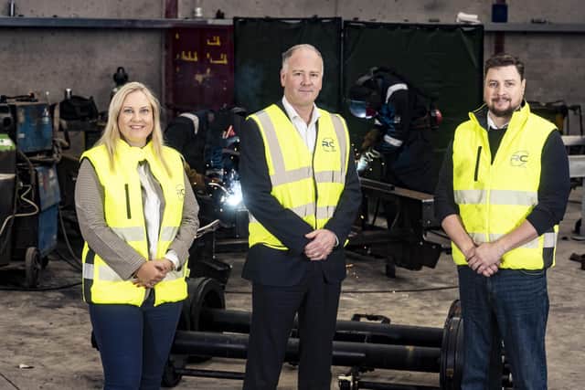 From left are, Nicole Ross, business development manager and chief financial officer, Ross Companies, Iain Joannides, head of Regional Business for the Eastern Region, Invest NI and William Ross, managing director, Ross Companies