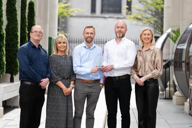 Belfast-based Rubik Technologies has been awarded £75,000 grant funding by Techstart Ventures and Digital Catapult. Pictured are Jason Wiggins, Smart Nano NI, Kathleen Garrett, Techstart Ventures, Brendan Lowry, Digital Catapult, Mark Flynn, Rubik Technologies and Camilla Long, Bespoke Communications