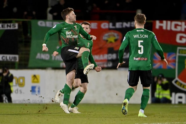 Shay McCartan's controversial brace earned Glentoran a 2-0 win against Crusaders in east Belfast. The former Northern Ireland international appeared to handle the ball into the net but there would be no question marks over his second with a delightful free-kick