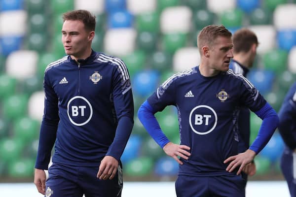 Northern Ireland's Kofi Balmer and Steven Davis during a training session at the National Stadium, Belfast. PIC: David Maginnis/Pacemaker Press