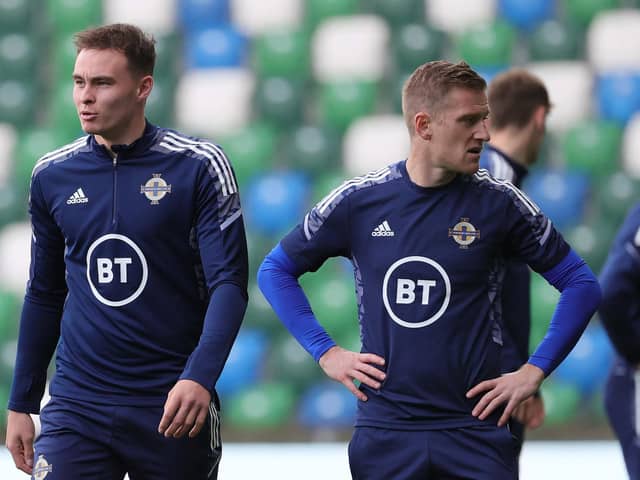 Northern Ireland's Kofi Balmer and Steven Davis during a training session at the National Stadium, Belfast. PIC: David Maginnis/Pacemaker Press
