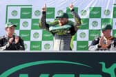 Donegal's Caomhan Canny celebrates his Senior Manx Grand Prix victory on the Isle of Man last year. (Photo by Stephen Davison/Pacemaker Press)