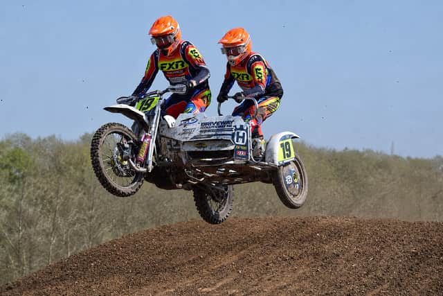 Gary Moulds and Paul Horton winners of the sidecar class at Tinkerhill