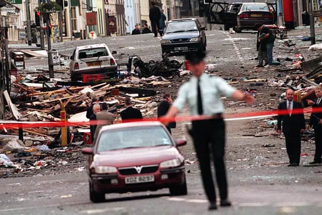 The scene of devastation in Omagh town centre after a dissident republican blast in August 1998. The attack killed 29 people, including a woman pregnant with twins, and injured hundreds of others.