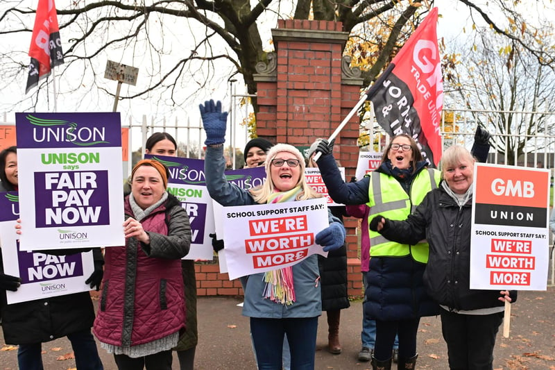 Workers strike at Strandtown PS School in Belfast as Schools across Northern Ireland are facing major disruption and possible closures on Thursday as thousands of non-teaching staff go on strike.