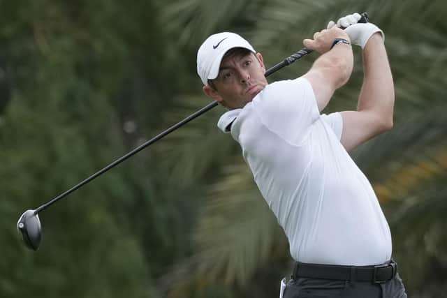 Rory McIlroy tees off on the 12th hole during the first round of the Dubai Desert Classic, in Dubai, United Arab Emirates