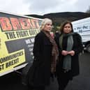 CARRICKCARNON, IRELAND - JANUARY 31, 2020: Sinn Fein leader Mary Lou McDonald and deputy leader Michelle ONeill pictured at the launch of an anti Brexit billboard on January 31, 2020 in Carrickcarnon, Ireland