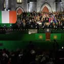 US President Joe Biden delivers a speech at St Muredach's Cathedral in Ballina, on Friday, the last day of his visit to the island of Ireland. Biden can try to talk about how the Ulster Scots made America what it is but he has shown over time to be anti-British.  Photo: Brian Lawless/PA Wire