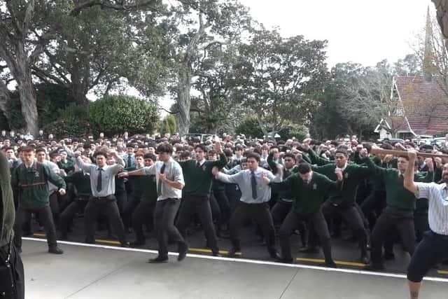 The pupils of Dilworth School in New Zealand perform a haka in honour of their teacher, Dungannon man Ally Patterson, who has moved to Australia