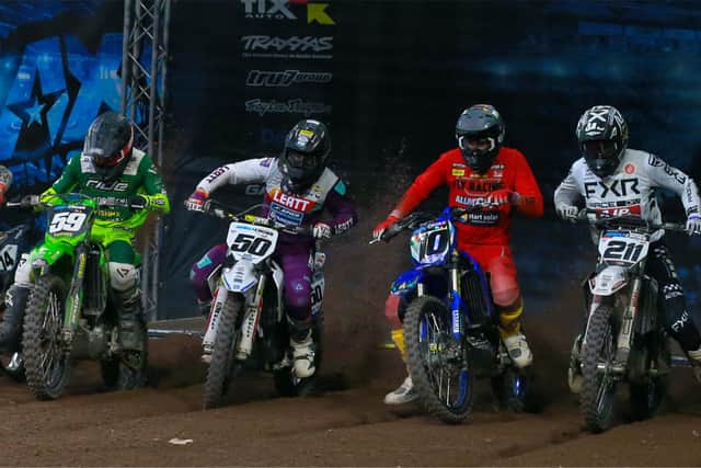 Ballyclare’s  Martin Barr (50) and  Loughbrickland’s Jason Meara (10) battle at the start with English visitors Chris Bayliss (59) and Jayden Ashwell (211) at the Belfast Arenacross Tour.