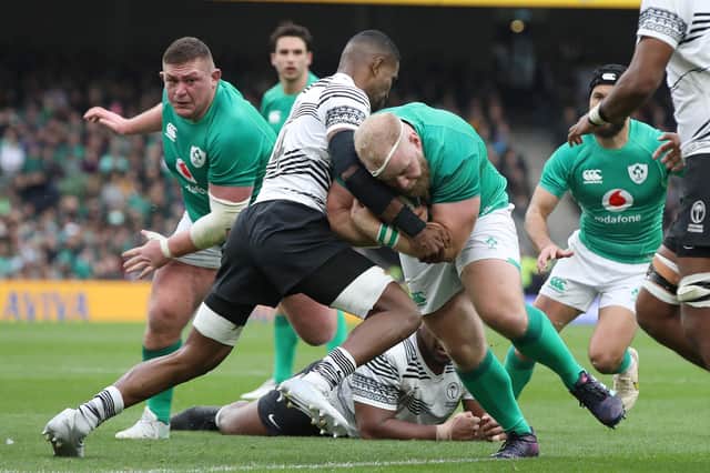 Ireland's prop Jeremy Loughman is stopped during the Autumn International rugby union match between Ireland and Fiji at the Aviva Stadium in Dublin, on November 12, 2022. (Photo by PAUL FAITH / AFP) (Photo by PAUL FAITH/AFP via Getty Images)