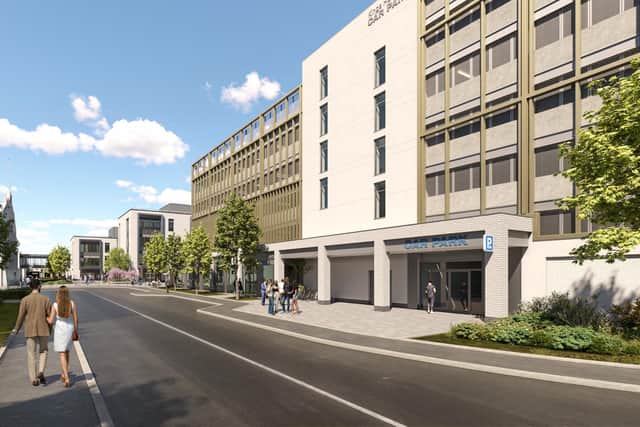 A CGI depicting the design of the new multi-storey car park and public plaza in the centre of the £100m King's Hall health and life science hub in south Belfast