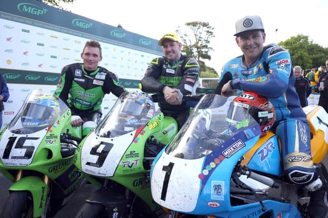RST Classic Superbike race winner Rob Hodson with runner-up Nathan Harrison and third-placed David Johnson at the Manx Grand Prix on Monday.