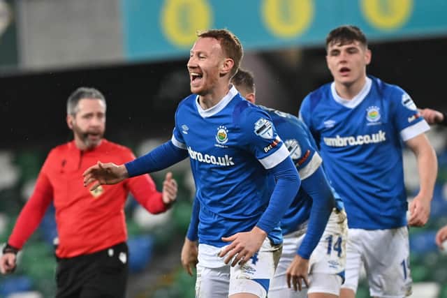 Linfield’s Michael Newberry celebrates his goal against Larne at Windsor Park in Belfast. Picture: Colm Lenaghan/Pacemaker