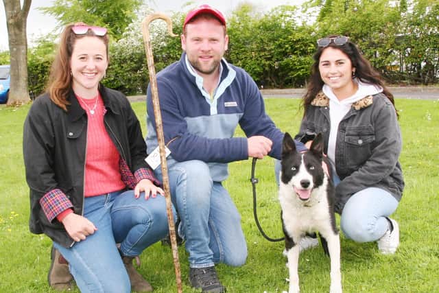A family affair - Dewi Jenkins with his 14,000gns top price Skipton working sheep dog, Llwynsarn Non, joined by sister Sara Jenkinson, left, and girlfriend Sara Lewis. Picture: Robin Moule, Moule Media