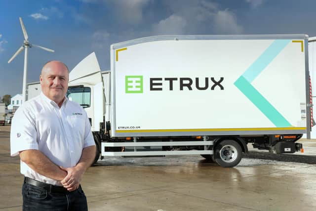 Pictured is Gerald Galvin, managing director of Antrim-based ETRUX with MEV75, the new 7.5 tonne electric truck approved for use in the UK