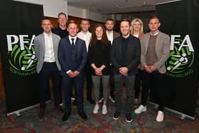 The management committee of PFA NI pictured with Stephen McGuinness of PFA Ireland (top left back row) during the launch at the Europa Hotel