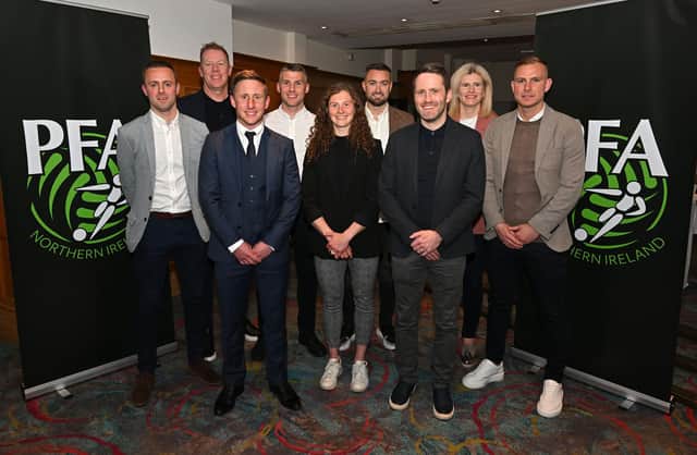 The management committee of PFA NI pictured with Stephen McGuinness of PFA Ireland (top left back row) during the launch at the Europa Hotel