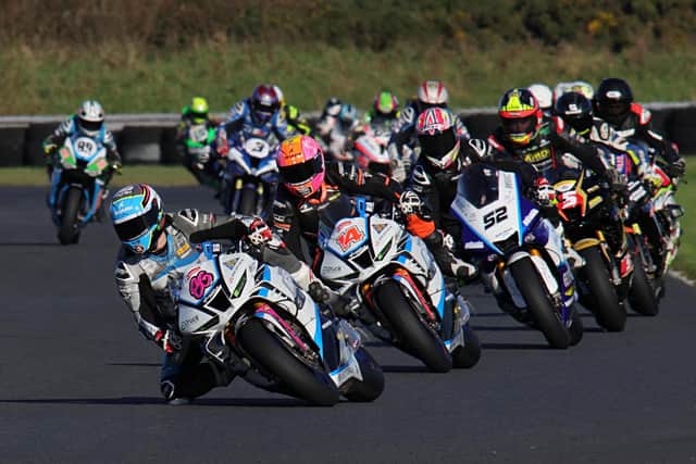 Charlie Nesbitt (Hawk Racing Honda) leads the Superbike pack at the Sunflower Trophy meeting at Bishopscourt in County Down