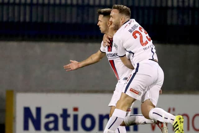 Nedas Maciulaitis celebrates scoring during his first Premiership stint with Coleraine