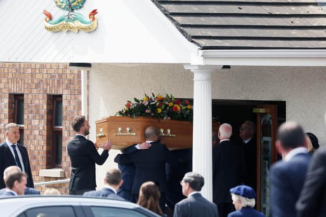 Funeral service for Judith McMullan at Mullaghglass FPC near Bessbrook. Photo: Press Eye